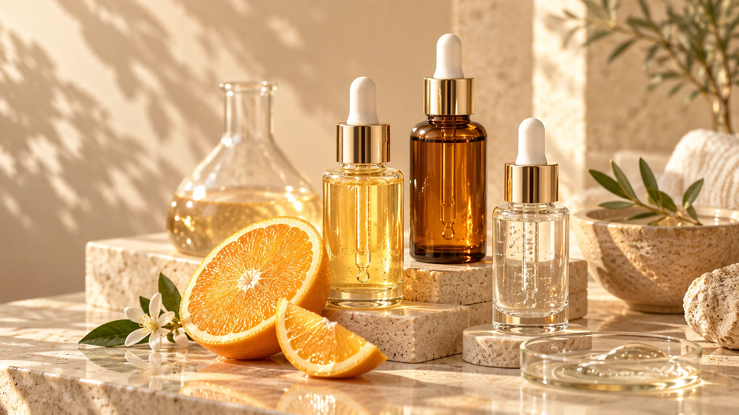 Luxuriöse Seren mit Vitamin C, Niacinamid und Fruchtsäuren im warmen Goldlicht